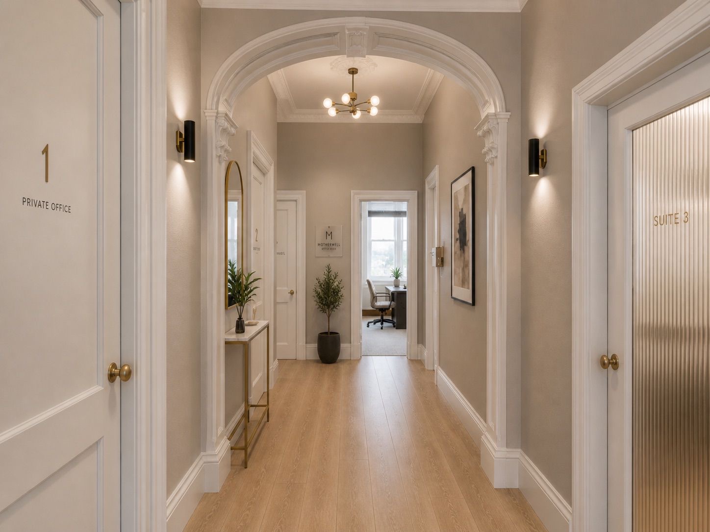 Office suite corridor with numbered private offices