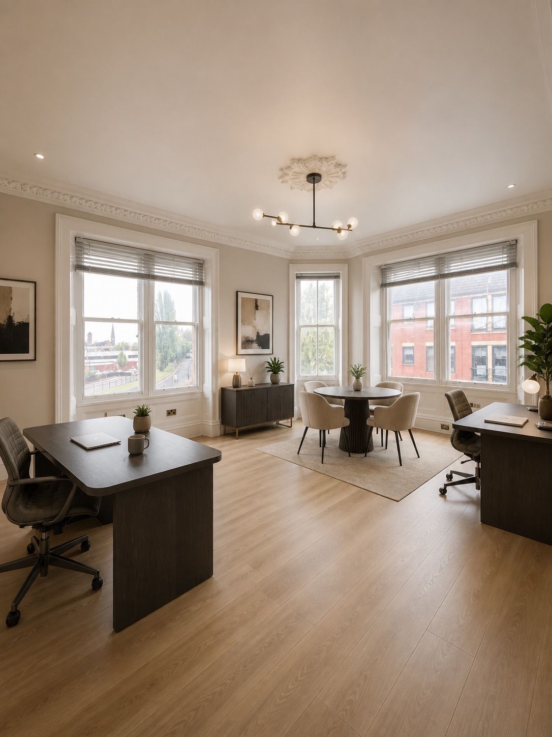 Private corner office with bay windows and period cornicing